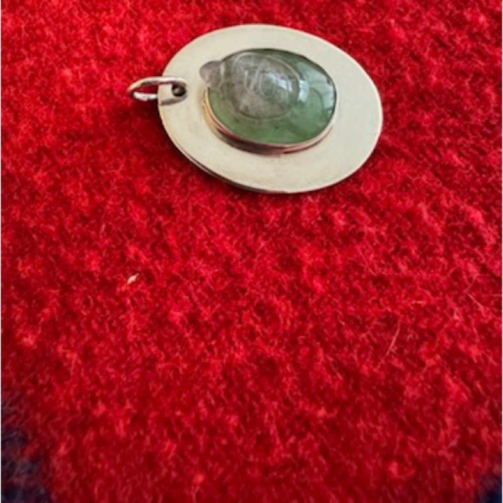 Carved jade pendant turtle emerging from a green pond.